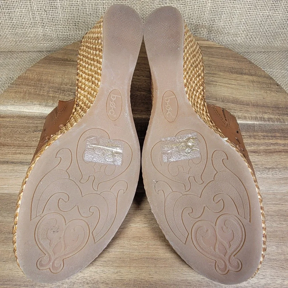boc Born Concept Leather Wedge Slide Sandals Brown Floral Boho Summer Womens 9